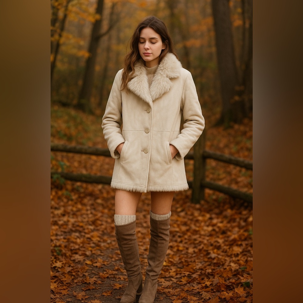 Beige Faux Suede Faux Fur Trim Button Front Penny Lane Coat Women's‎ Large warm